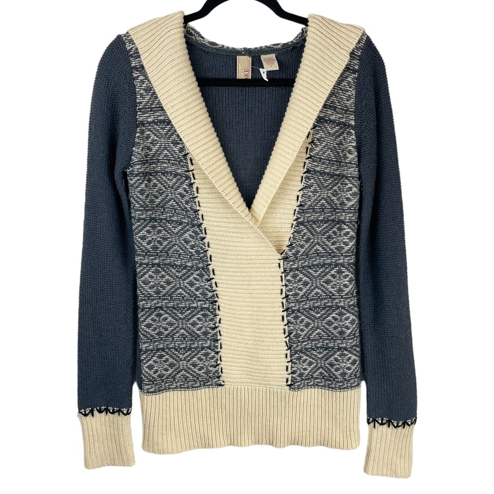 BKE Womens Shawl Knit Hooded Sweater Sz Medium Aztec Ribbed Boho Western